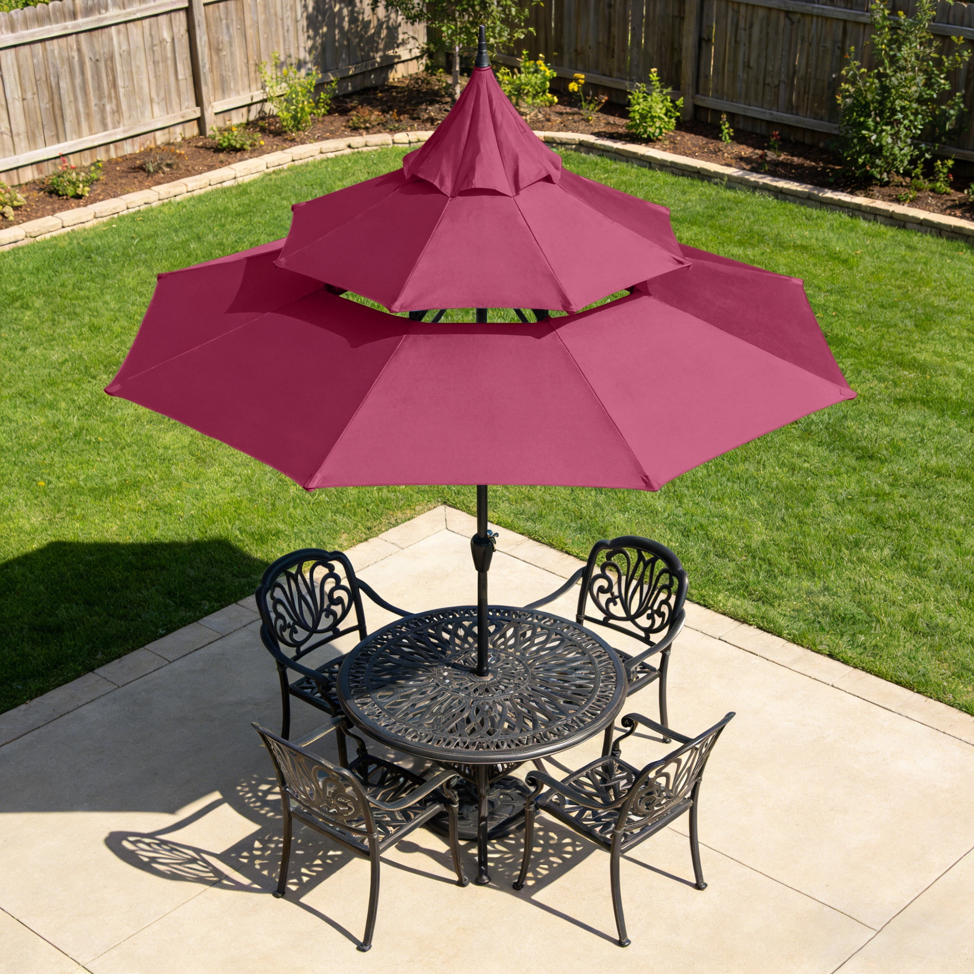 Abble 9ft Patio Umbrella with Crank 3-Tier Pagoda Outdoor Market Umbrella with 8 Ribs for Garden Deck Backyard Pool, Burgundy