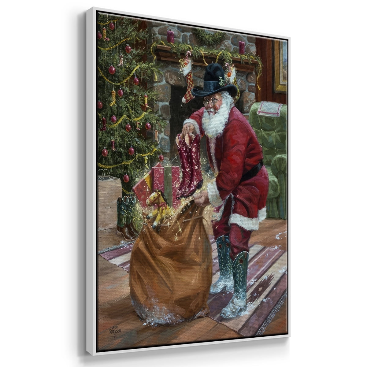 New Boots for Christmas - Framed Gallery Wrapped Holiday Canvas - 27 x 41 - White Frame