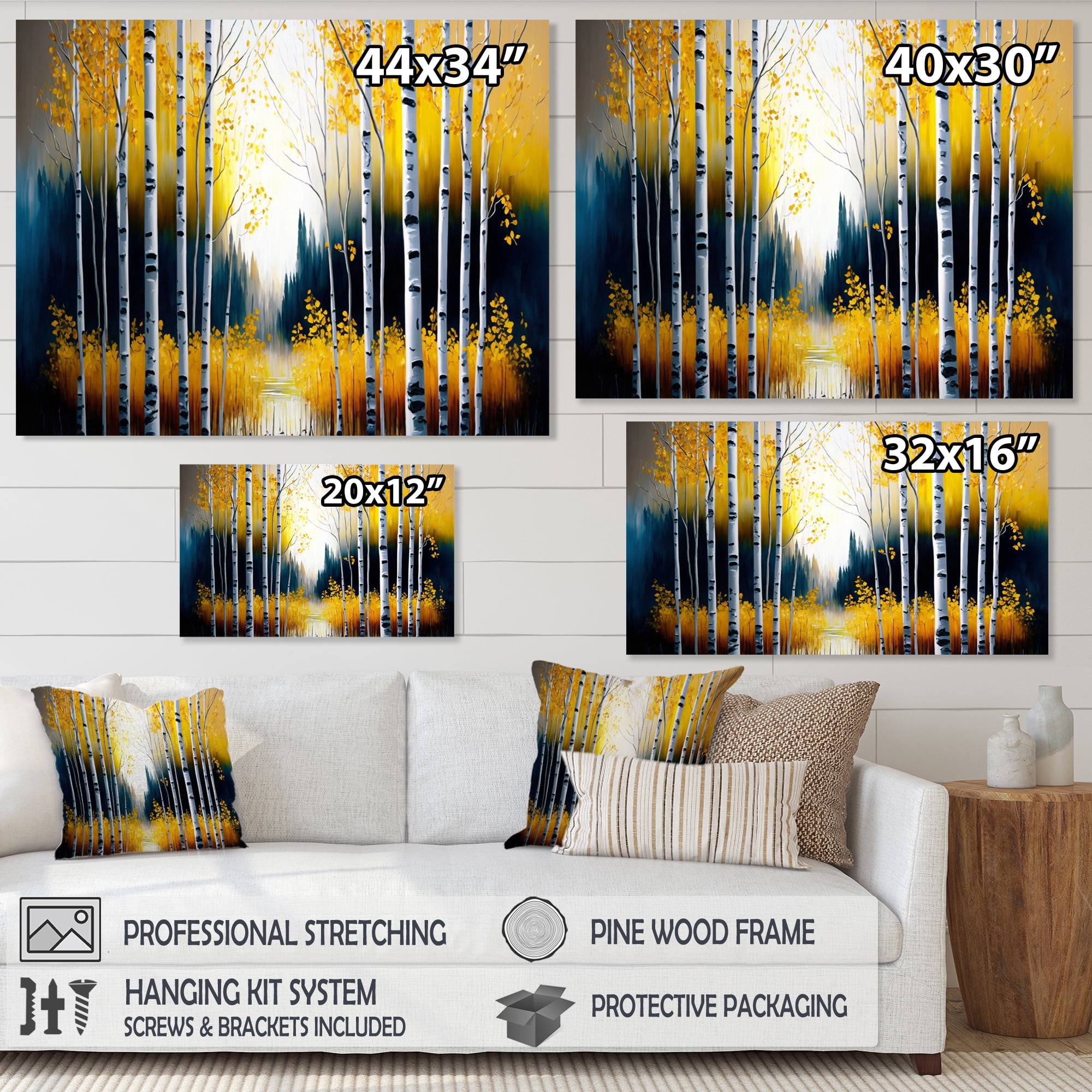 Designart Monochrome Golden Birch Trees By The River III Canvas Wall Art