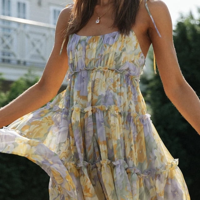 Vestido De Flores Vestido floral bohemio para mujer Vestido sin mangas Ropa de playa de verano (Púrpura L) Cgtredaw Para estrenar