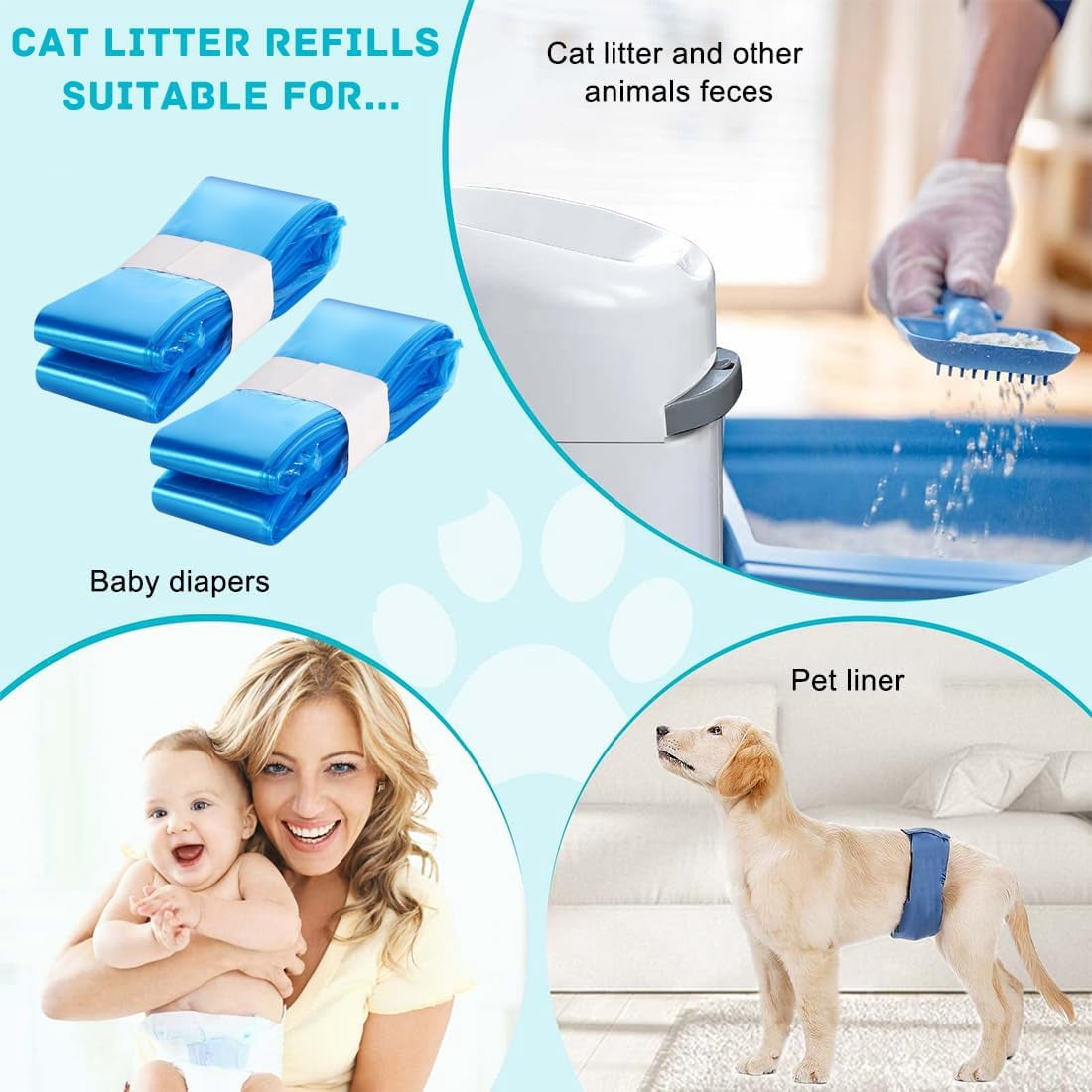 Nappy Bin Refill, Cat Litter Refills Bag, Diaper Bin Pail Disposal Bags Compatible with Most Diaper Pail, Genie Litter Refill Cartridge 4 Pack