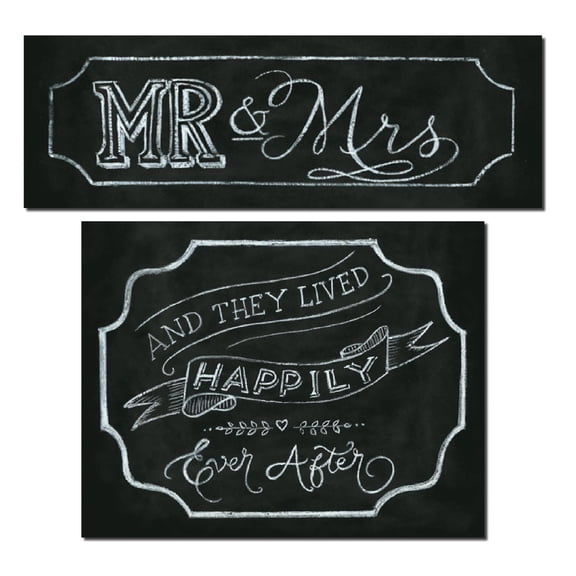 Chalkboard-Style "Happily Ever After' and "Mr. and Mrs." Prints; One 18x6 and One 14x11in Poster Print (Printed on Paper Not Chalkboard)