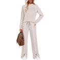 thumbnail image 4 of Szluipve Women’s Striped Trim Tracksuit 2 Piece Outfits Crew Neck Long Sleeve Sweatshirt & Split Hem Drawstring Wide Leg Pants Casual Loungewear Set White 2XL, 4 of 5