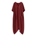 thumbnail image 5 of QUNYINEY 3/4 Sleeve Womens Dresses Long Red Cotton Linen Spring A Line Dress with Pockets V Neck Flowy Casual Loose Fit Dresses, 5 of 7