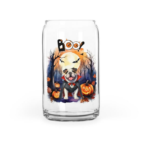 Happy Halloween Vampire Bulldog BOO with Pumpkins Fun and Spooky 16oz Glass Cup Mug Dog Lover Gifts Idea Glass Can - 00018