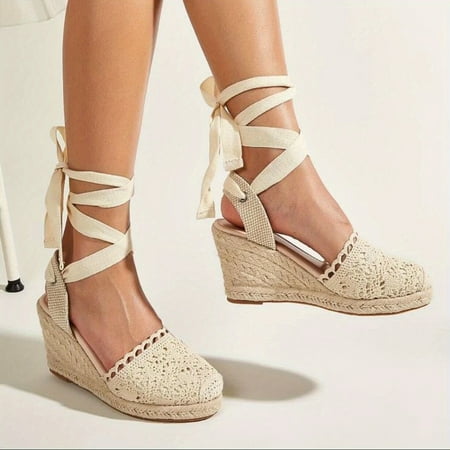 

Women s Lace Cross Strap Wedge Espadrilles Sandals Comfortable & Lightweight Lace Up Shoes Beach Vacation Sandals Comfortable Summer Shoes