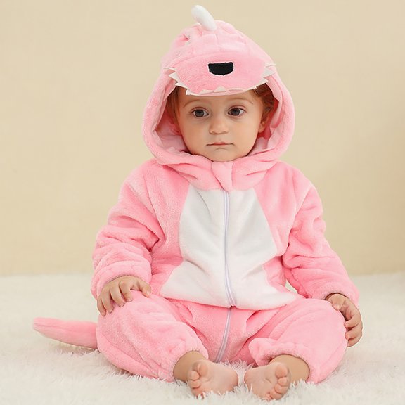 CUZIBR Toddler Romper Boy Girl Dinosaur Themed Fuzzy Long Sleeve Onesies Zip Up Hooded Jumpsuit Cute Fall Winter Clothes,Pink,4-5 Years