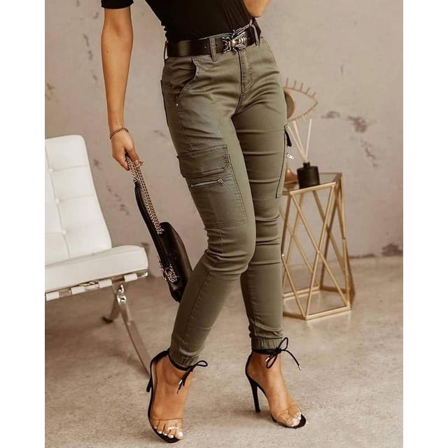 Pantalones ajustados con bolsillos y botones de cintura baja para mujeres europeas y americanas