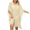 thumbnail image 2 of Cavosen Bathing Suit Cover up for Women Shirt Dress Bikinis Swimwear Kimono Tassel Hem Short Sleeve Lapel Neck Button down Sheer Breathable Sunscreen Long Plain Swimsuit Kaftan, 2 of 6