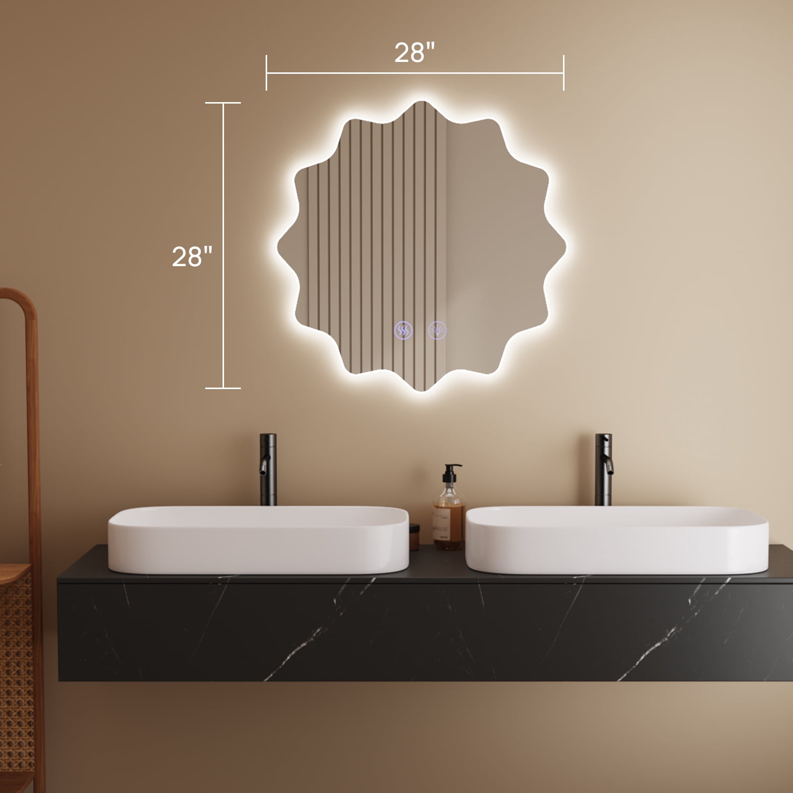Wonline 28" X 28" Wall Mounted Bathroom Mirror with LED-Lights,Frameless Polygonal Round Bathroom Vanity Mirror Decor