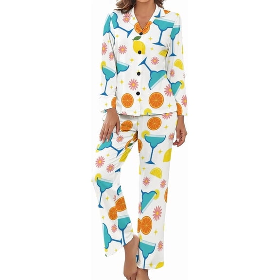 Top-kevin Women's Pajama Sets Cocktail Glasses Flowers Stars Long Sleeve Lounge Sets Pjs Sleepwear with Pockets