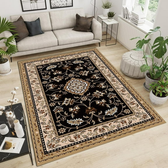 European Oriental Floral Black Stripes Area Rug, Traditional Vintage Distressed Indoor Non-Slip Rugs, Machine Washable Breathable Durable Carpet for Front Entrance Floor Decor-2x3ft