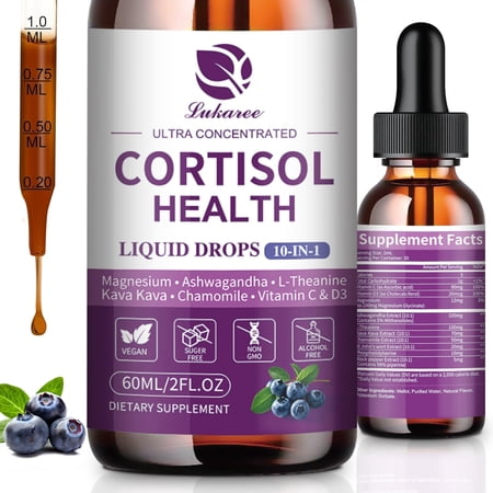 Cortisol Supplements for Women, Cortisol Reducer Manager with Ashwagandha & Kava, Liquid Drops, 2 Fl.oz, Blueberry Flavor