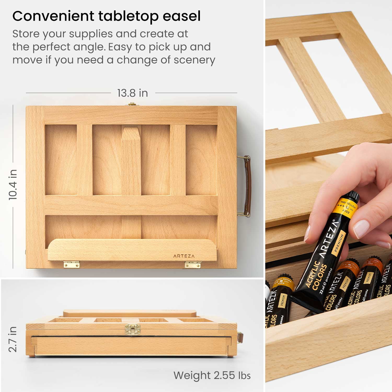 Arteza Essentials Tabletop Easel Art Set with Acrylic Paint, Brushes, Paper, Canvas Pads & Paper
