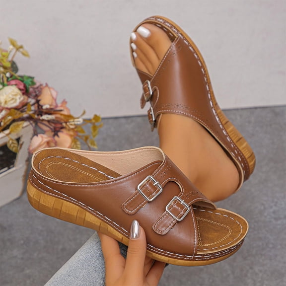 Viluyesy Womens Slides Sandals, Peep Toe Slip-On Wedge Heels Comfortable Casual Shoes Brown US6