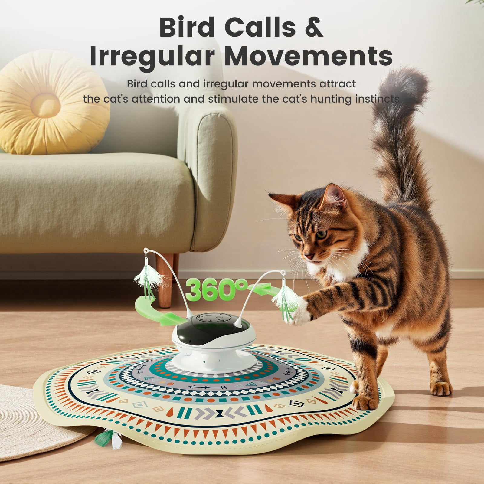 Cat Toys Chargeable 5in1 And Seek Automatic Interactive  Chirping Moving Ambush Track Balls Indoor Exercise Kicker 24 Inch Cover For All Breeds Boho Style - Beige