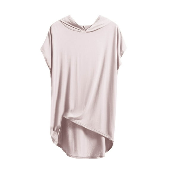 QQAMB Women's Tops Plus Size Modal Casual Solid Color Short Sleeve V-Neck Hooded Lightweight Summer Blouse T-Shirts Beige 5XL