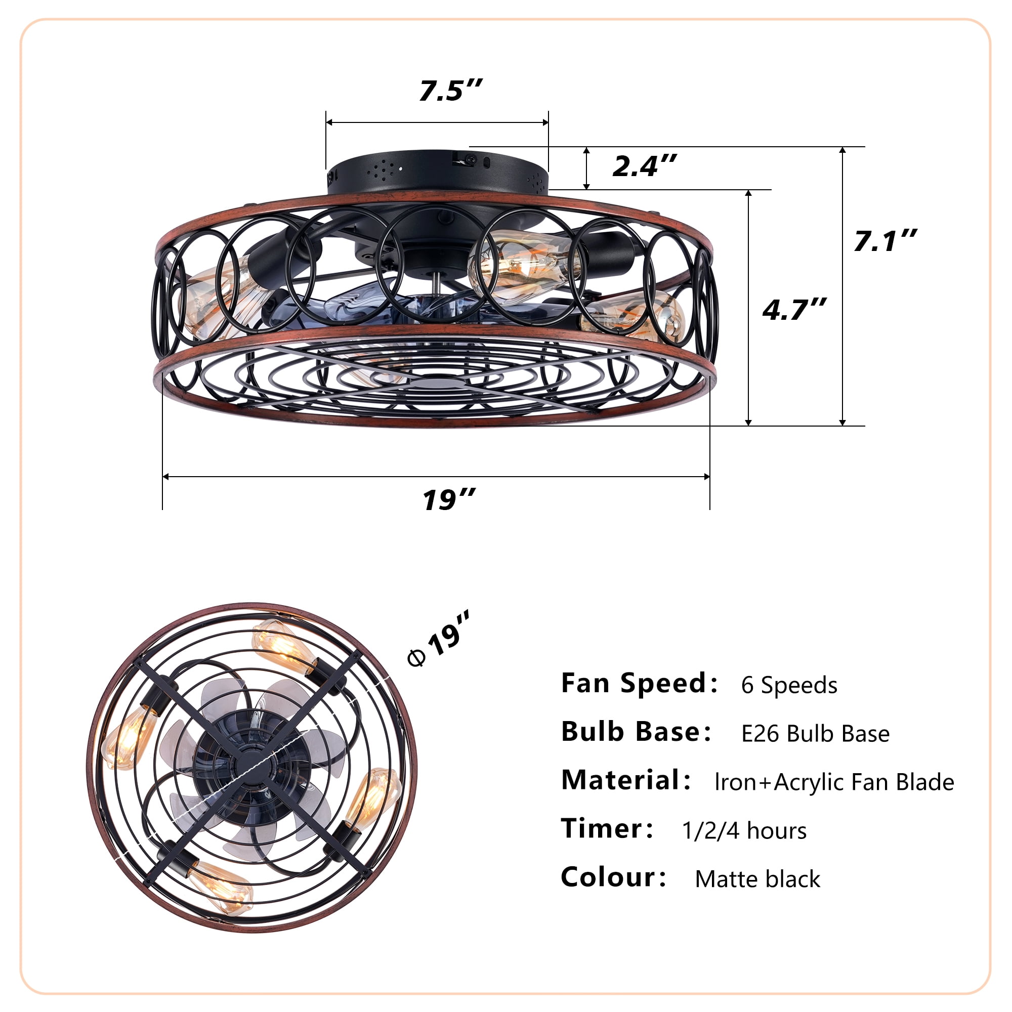 Leumius 20" Black Caged Ceiling Fan with Lights and Remote Control ,Reversible Motor, DC Remote Control,6 Speed Ceiling Fan for Living Room Bedroom Dining Room (NOT Included Bulbs)