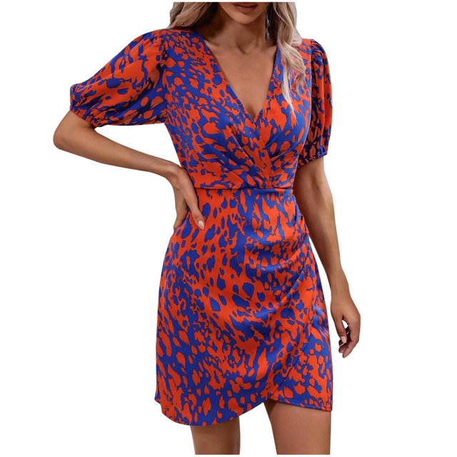 Robes Courtes pour Femmes Été Femmes à Manches Courtes Imprimé Col en V Taille Jusqu'au Genou Robe Décontractée Mode Robe Courte d'Été pour Femmes Robe à Manches Courtes pour Femmes Robe Courte pour Femmes Été