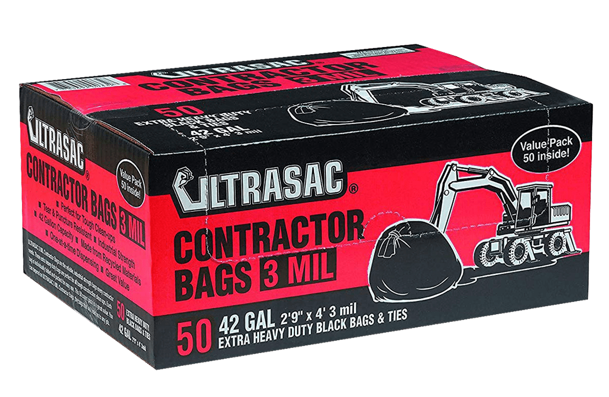 Ultrasac Heavy Duty Contractor Bags by 42 Gallon, 32.75" X 47" 3 MIL Thick Large Black