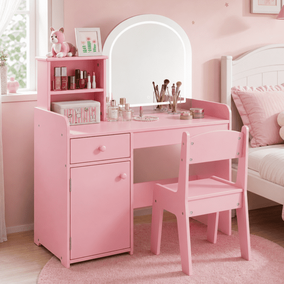 Aiho Kids Vanity Set with Stool, Wooden Makeup Vanity Desk Children Dressing Table with Lights, 3 Color Modes Light, Storage Cabinet & Drawers - Pink