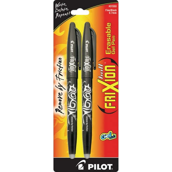 Pilot FriXion Ball Erasable Gel Pens, Nib, 07 mm, Black Ink, 2 Count, 2 Pack