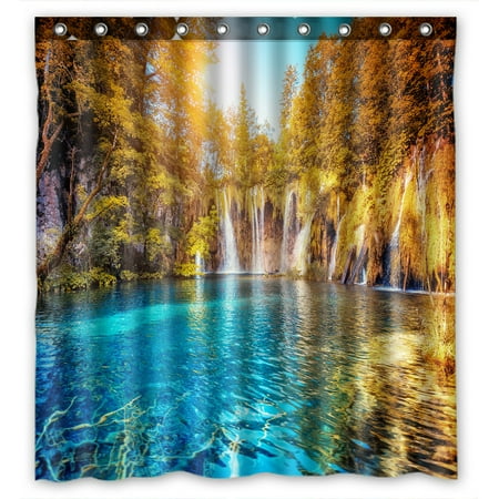 - PHFZK Mountain & Lake Shower Curtain, Turquoise Water and Sunny Beams in National Park Croatia Landscape Polyester Fabric Bathroom Shower Curtain 66x72 inches