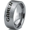 thumbnail image 1 of Tungsten Gamer Typography Writing Band Ring 8mm Men Women Comfort Fit Gray Flat Cut Brushed Polished, 1 of 4