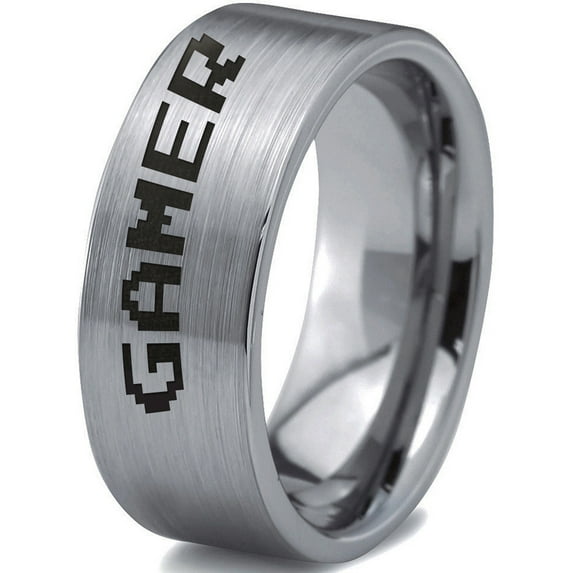 Tungsten Gamer Typography Writing Band Ring 8mm Men Women Comfort Fit Gray Flat Cut Brushed Polished
