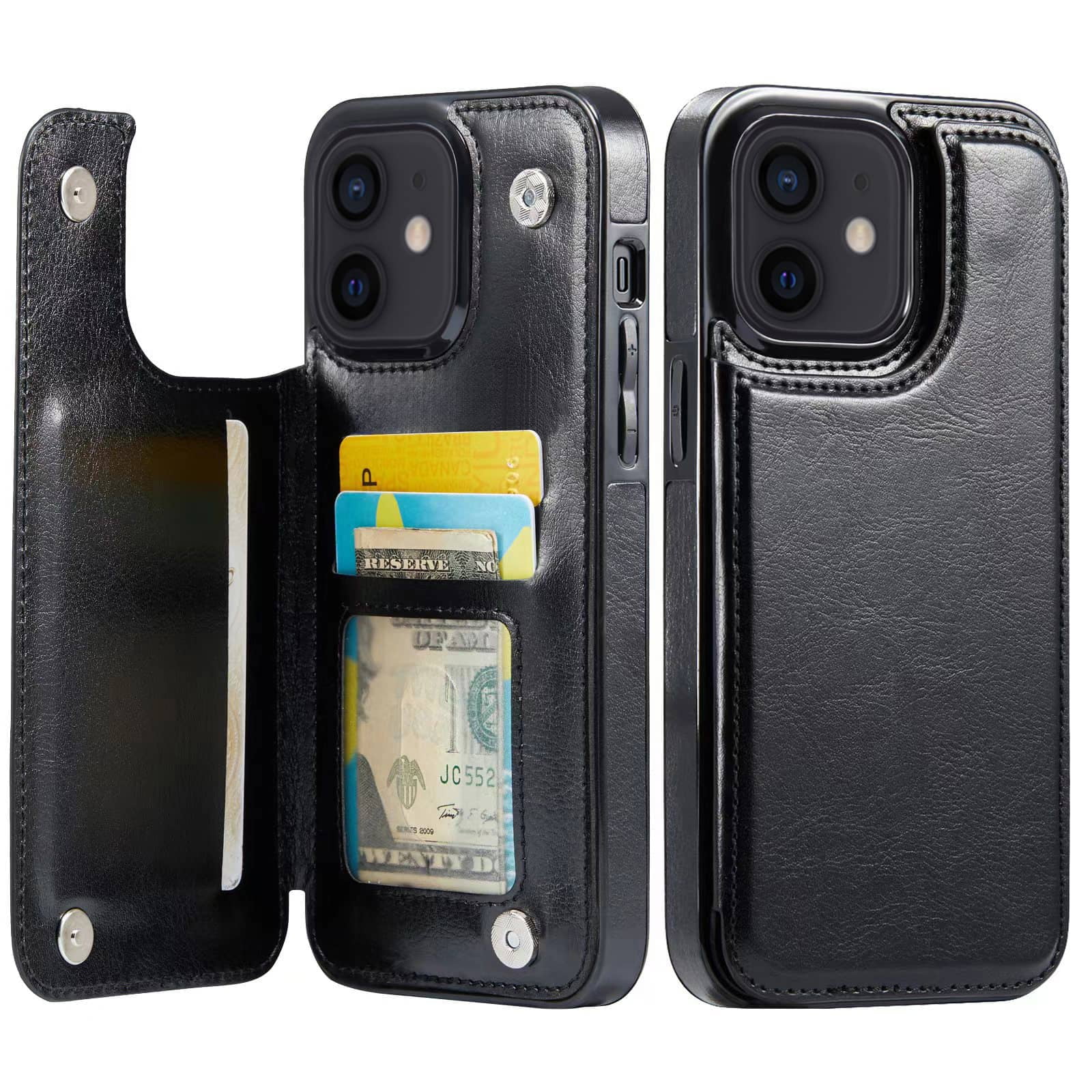 for iPhone 12 Mini Wallet Case with Card Holder, PU Faux Leather Kickstand Card Slots Case, Double Magnetic Clasp and Durable Shockproof Cover