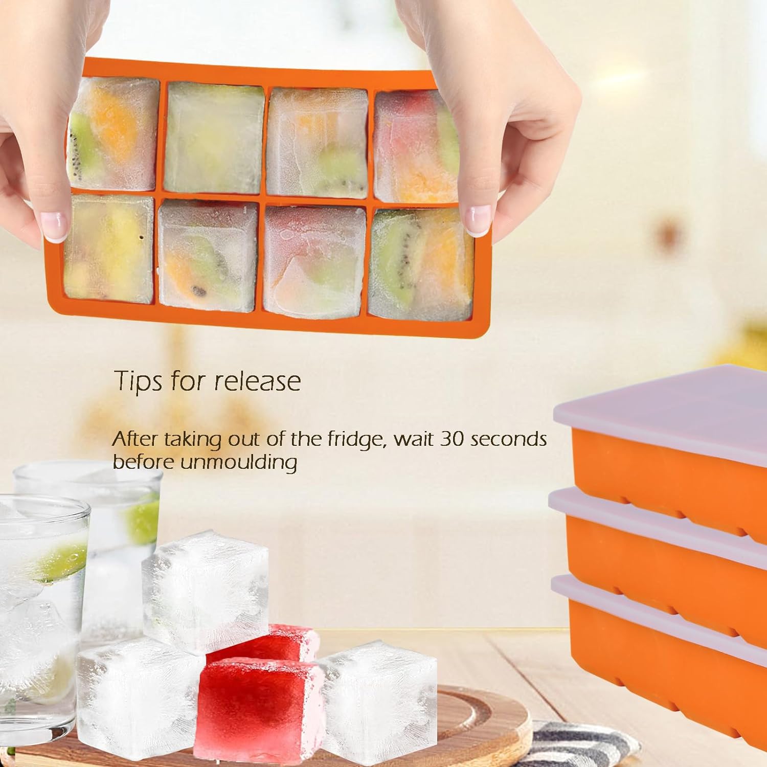 Large Ice Cube Tray, 4 Pack Silicone Ice Cube Mold with Lid, 2 Inch Square 8 Big Ice Cube Maker for Freezer, Cocktail Whiskey Wine, BPA Free, Food Grade, Easy-Release \u2013 Orange