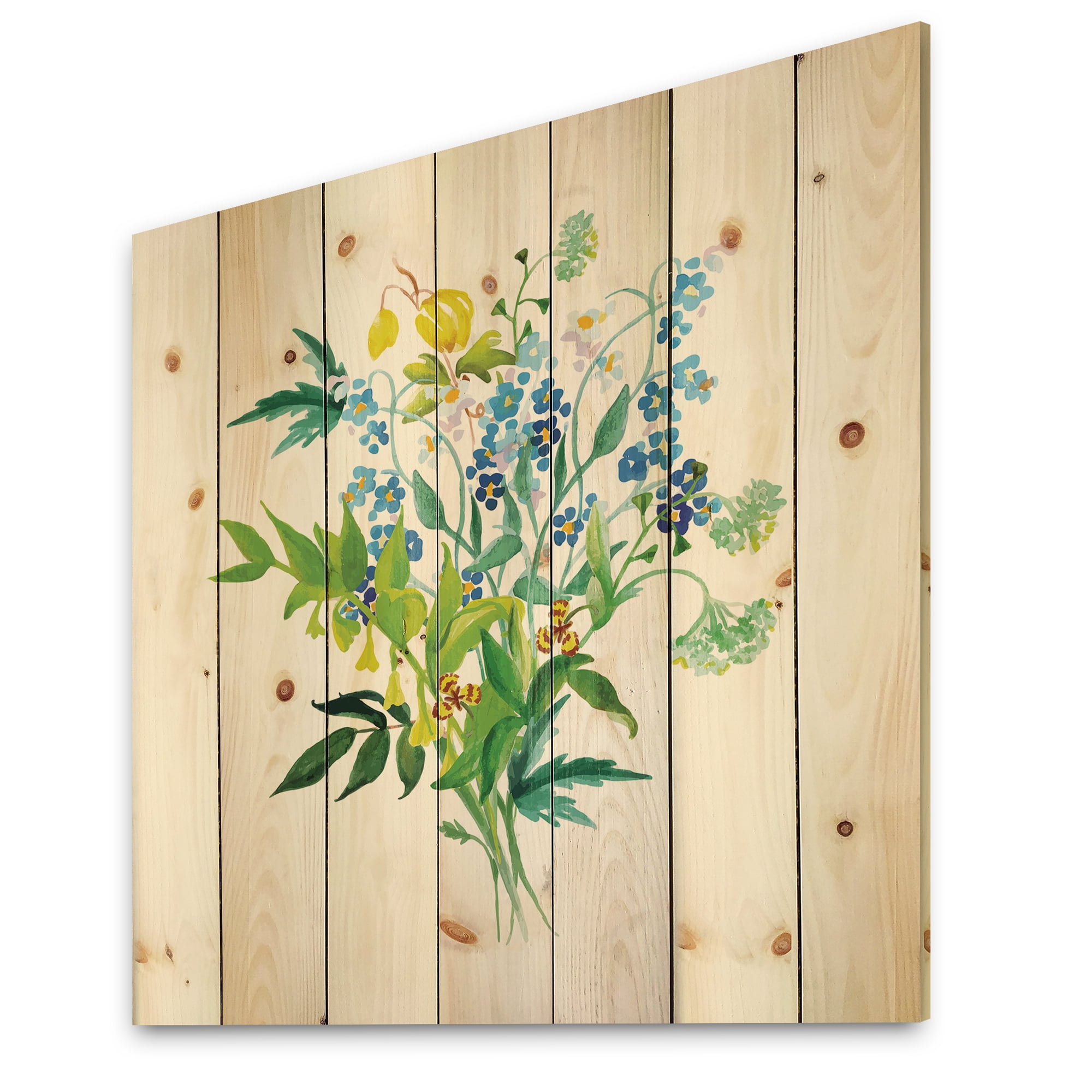 Designart 'Meadow Flowers Garland On White' Farmhouse Print on Natural Pine Wood