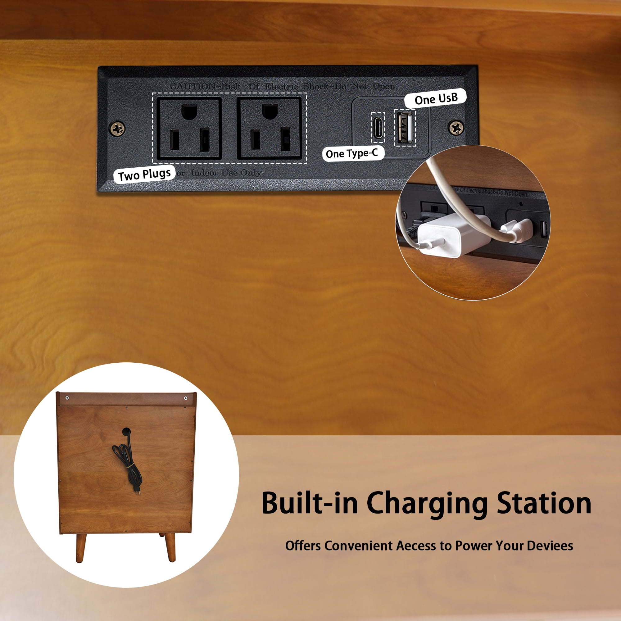 Leumius 3-Drawer End Table with Top Charging Station, 21.65" Length with Outlets and USB Ports, Large Mid Natural Wood Color End Table for Bedroom, Living Room