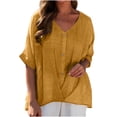 thumbnail image 1 of Timegard Hauts pour Femmes Grande Taille Coton Lin Col en V Boutons Manches 1/2 Blouse Ample Été Décontractée, 1 of 7