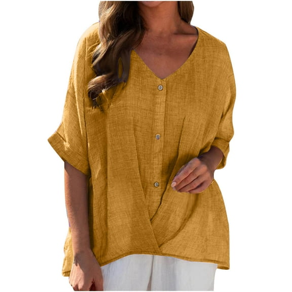 Timegard Womens Tops Plus Size Cotton Linen V Neck Button 1/2 Sleeve Loose Blouse Summer Casual Tops
