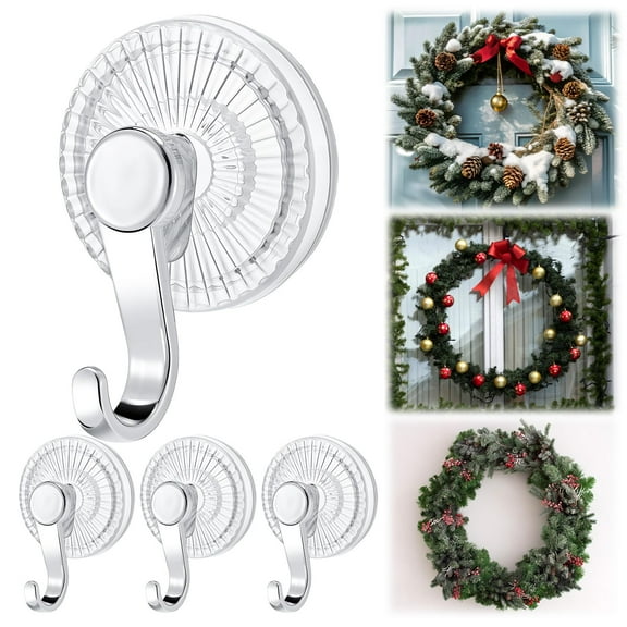 YUNOVA 4 Pack Heavy Duty Suction Cup Hooks, No Drill Clear Wreath Hangers for Glass Door, 11 LBS Vacuum Hooks for Christmas Decorations, Bathroom Organization, Reusable