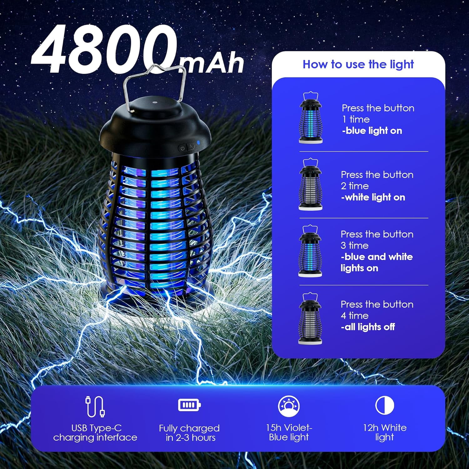 Bug Zapper Outdoor & Indoor,Cordless Portable Mosquito Zapper with Rechargeable 4800mAh Battery & Camping Light,Mosquito Repellent Outdoor Patio,Electric Fly Trap for Patio,Backyard and Garden - LB