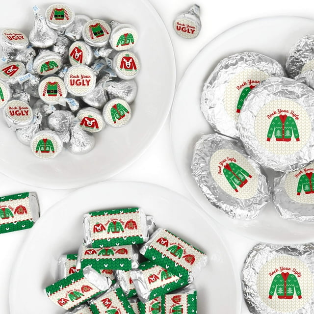 Big Dot of Happiness Ugly Sweater - Mini Candy Bar Wrappers, Round Candy Stickers and Circle Stickers -Holiday and Christmas Party Candy Favor Sticker Kit - 304 Pieces
