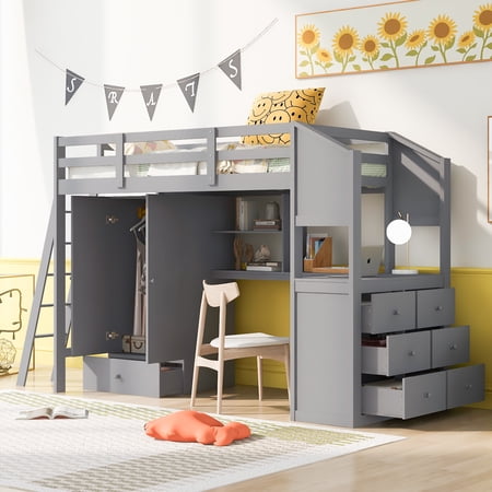 Royard Oaktree Twin Size Loft Bed with Wardrobe and Drawers Wood Loft Bed Frame with Built-in Desk with Shelves, Gray