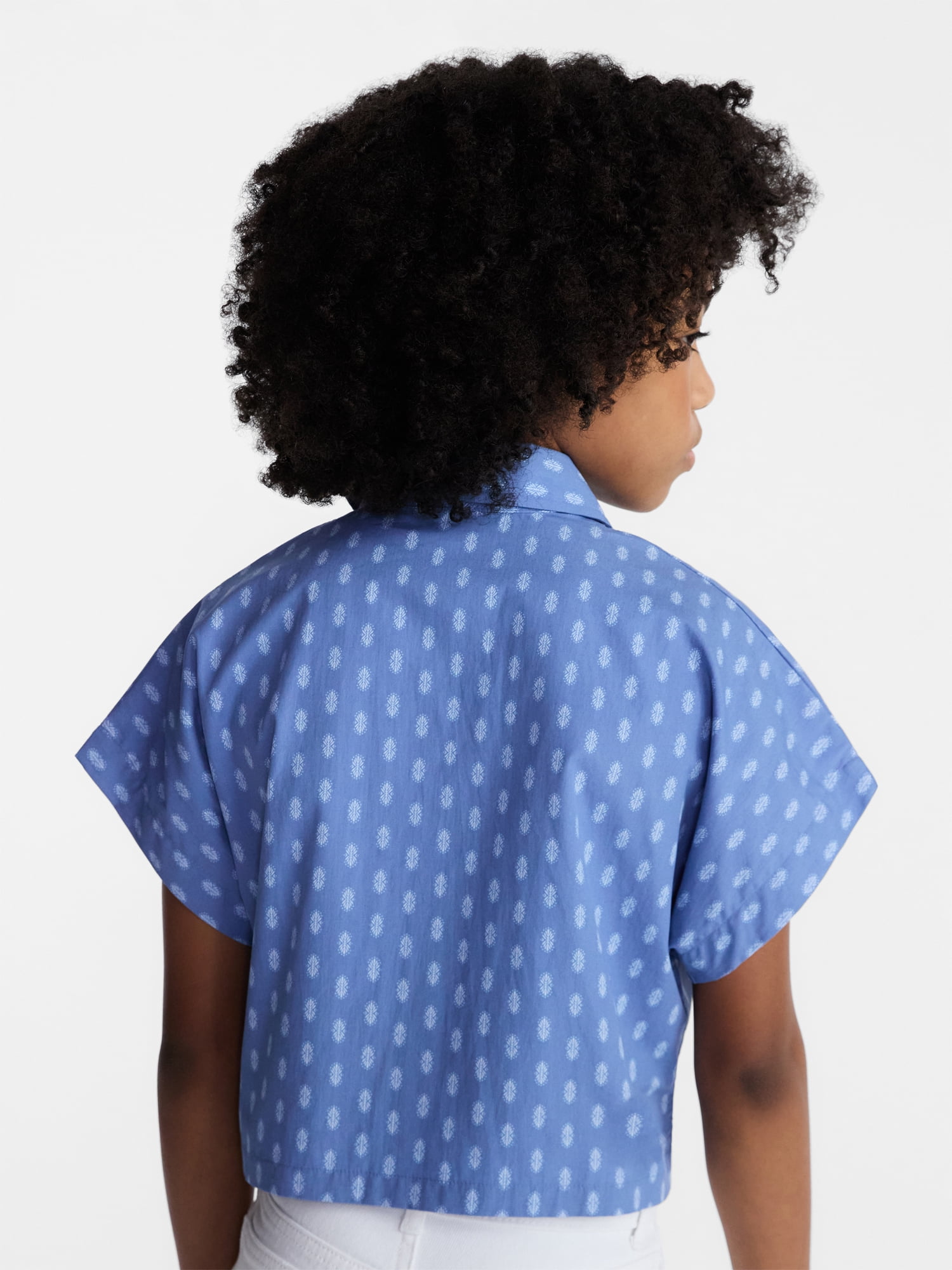 Weekend Academy Girl Cropped Button Down Cotton Shirt with Short Sleeves, Sizes 4-18