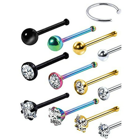 BodyJ4You 14PC Nose Hoop Rings 20G Stainless Steel Multi Color Nose Pin Bone Studs Piercing Jewelry