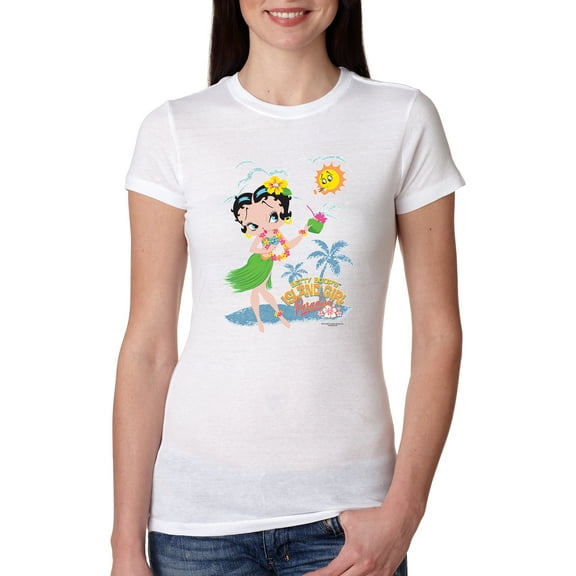 Wild Bobby, Betty Boop Island Girl Paradise Betty Boop Womens Slim Fit Junior Tee, White, Medium