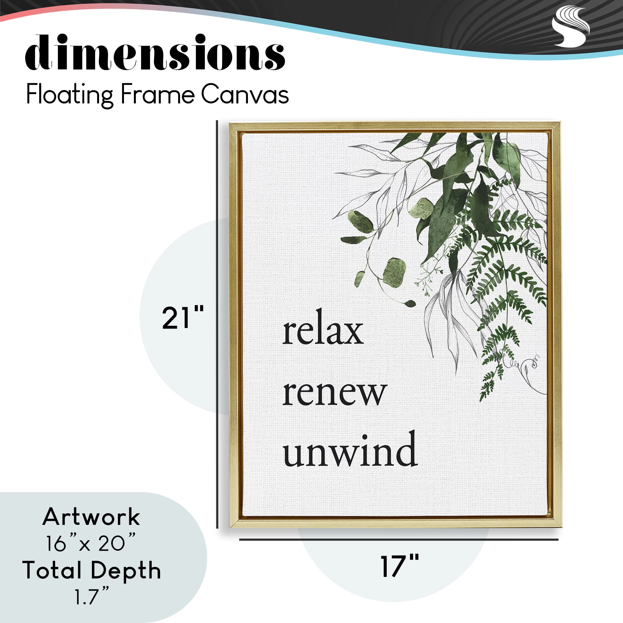 Relax Renew Unwind with Foliage Gold Framed Floater Canvas Wall Art, design by Lettered and Lined