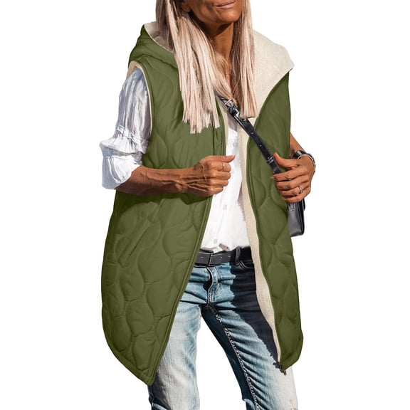 Dxzfnsa Womens Long Puffer Vests Fall Sleeveless Fleece Vest Vests Zip Up Winter Coat Fleece Jackets Long Hoodies with Pockets