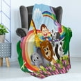 thumbnail image 4 of Cartoon Soft Flannel Fleece Throw Blanket, Group of Animals at the Hilltop with a Rainbow and Balloons Fresh Garden Happy, Cozy Plush for Indoor and Outdoor Use, 70" x 90", Multicolor, by Ambesonne, 4 of 5