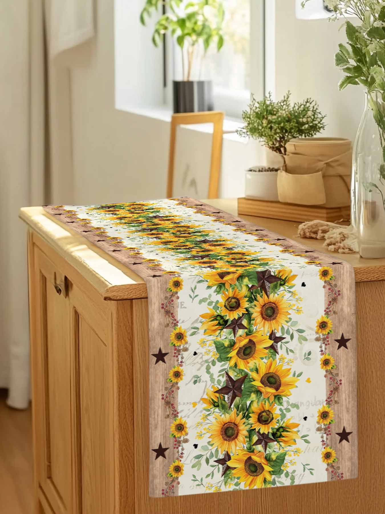 Retro Sunflower Bee Country Star Table Runner 90 Inches Long, Farmhouse Wood Grain Table Runners Tabletop Scarf Kitchen Dining Tables Decoration for Home Party Indoor Outdoor