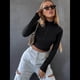 thumbnail image 5 of Tops Cortos de Larga para Mujer, Cuello Alto, de Cremallera, Ajustados, A . Negro XL, 5 of 8