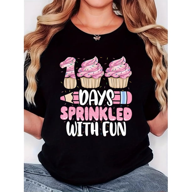 Playera Deportiva Manga Corta Mujer Dry-FitWomen'S T-Shirt, "Pink Cake Pencil 100DAY" Print, Retro Minimalist Fashion, Round Neck, Casual Comfort, Sports Short Sleeve T-ShirtFather's Day, Mother's D