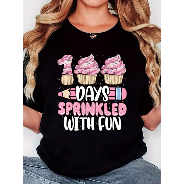 Haut à Manches Courtes pour Femmes, T-Shirt, Vêtements pour Femmes, T-Shirt pour Femmes, Imprimé Crayon Gâteau Rose 100 Jours, Mode Minimaliste Rétro, Col Rond, Confort Décontracté, T-Shirt à Manches Courtes de Sport