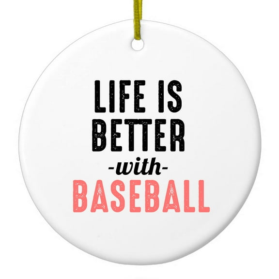 DistinctInk Hanging Ceramic Christmass Tree Ornament with Gold String - Great Gift / Present - 2 3/4 inch diameter - Life is Better with Baseball